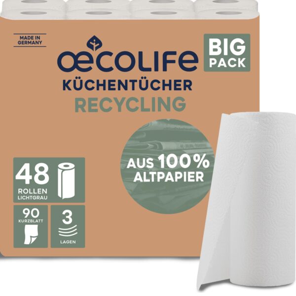 oecolife Küchentücher Recycling 48 Rollen – 3-lagig, Made in Germany