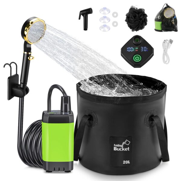 Anesty Tragbare Campingdusche 6000mAh – Wiederaufladbare Duschpumpe mit Smart-Display für Outdoor