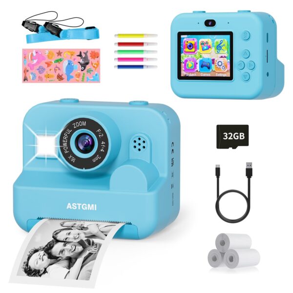 ASTGMI Sofortbildkamera für Kinder mit 1080P HD & Sofortdruck – Blau