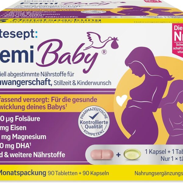 tetesept FemiBaby Kapseln + Tabletten – Umfassende Nährstoffversorgung für Kinderwunsch, Schwangerschaft & Stillzeit, 90 St.