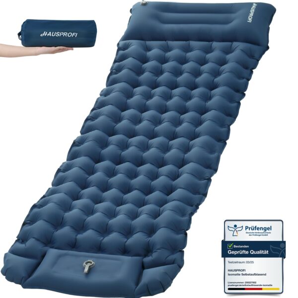 HAUSPROFI Isomatte 10cm mit Fußpumpe & Kissen – Ultraleichte Campingmatratze für Outdoor