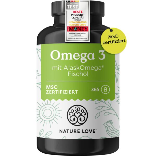 Nature Love Omega 3 hochdosiert – 650 mg pro Tagesdosis, 365 Kapseln, AlaskOmega® MSC-zertifiziert