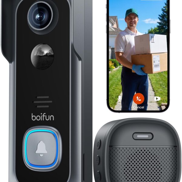 BOIFUN WLAN Videotürklingel 2K mit Nachtsicht, Bewegungserkennung & Alexa-Kompatibilität