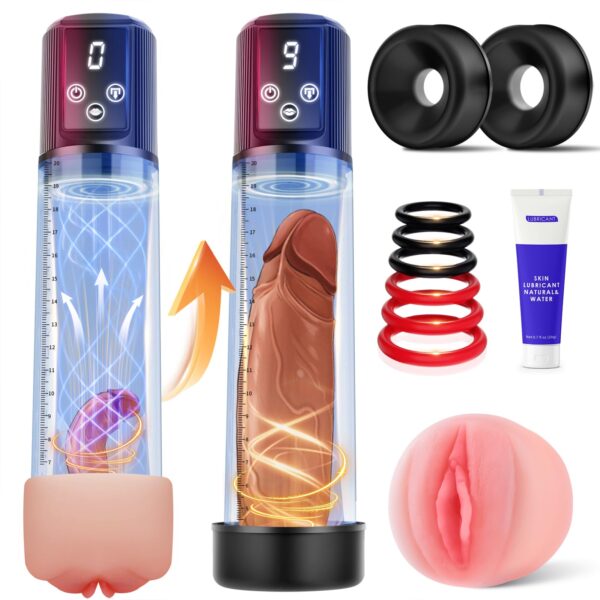 Tagnaff Elektrische Penispumpe mit 9 Saugstufen & LCD Display – 7-teiliges Trainingsset
