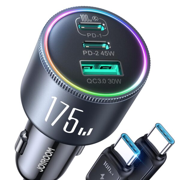 JOYROOM 175W KFZ-Ladegerät mit 3 USB-Ports & 100W USB-C Kabel – Schnellladen für Smartphone & Laptop