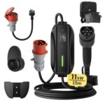 dé Mobile Wallbox/Ladestation 11kW [3-phasig|15m|6-16A] mit Einstellbarer Ladeleistung, Ladekabel CEE 16A auf Typ 2 und EV Ladegerät für Model Y/3, ID.3/4/5, MG4, EX30, e-up, e-tron, Zoe und andere EV