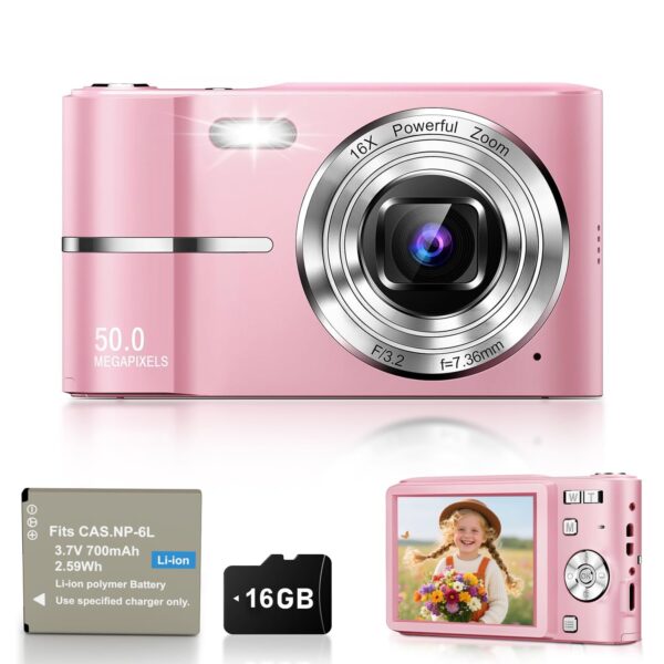 50MP Digitalkamera mit 1080P Video & 16X Zoom – Kompaktkamera für Kinder & Anfänger (Rosa)