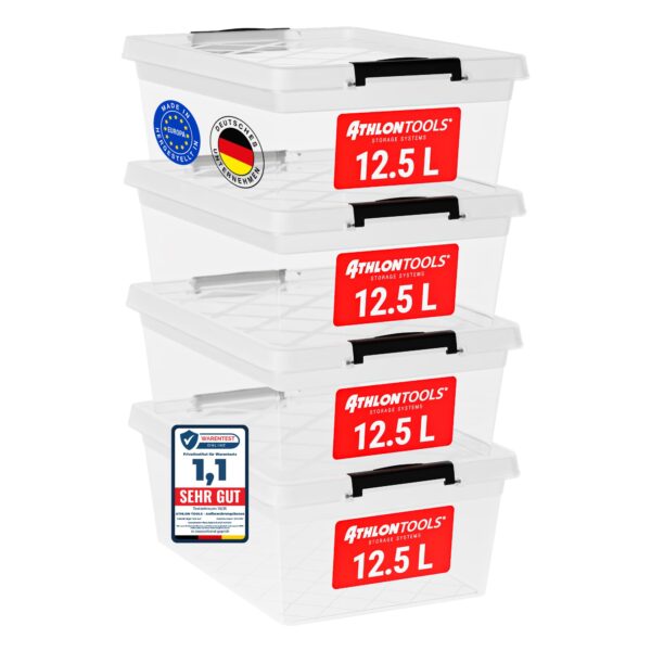 ATHLON TOOLS 4er-Set Aufbewahrungsboxen 12.5 L mit Deckel & Verschlussclips – Stapelbar
