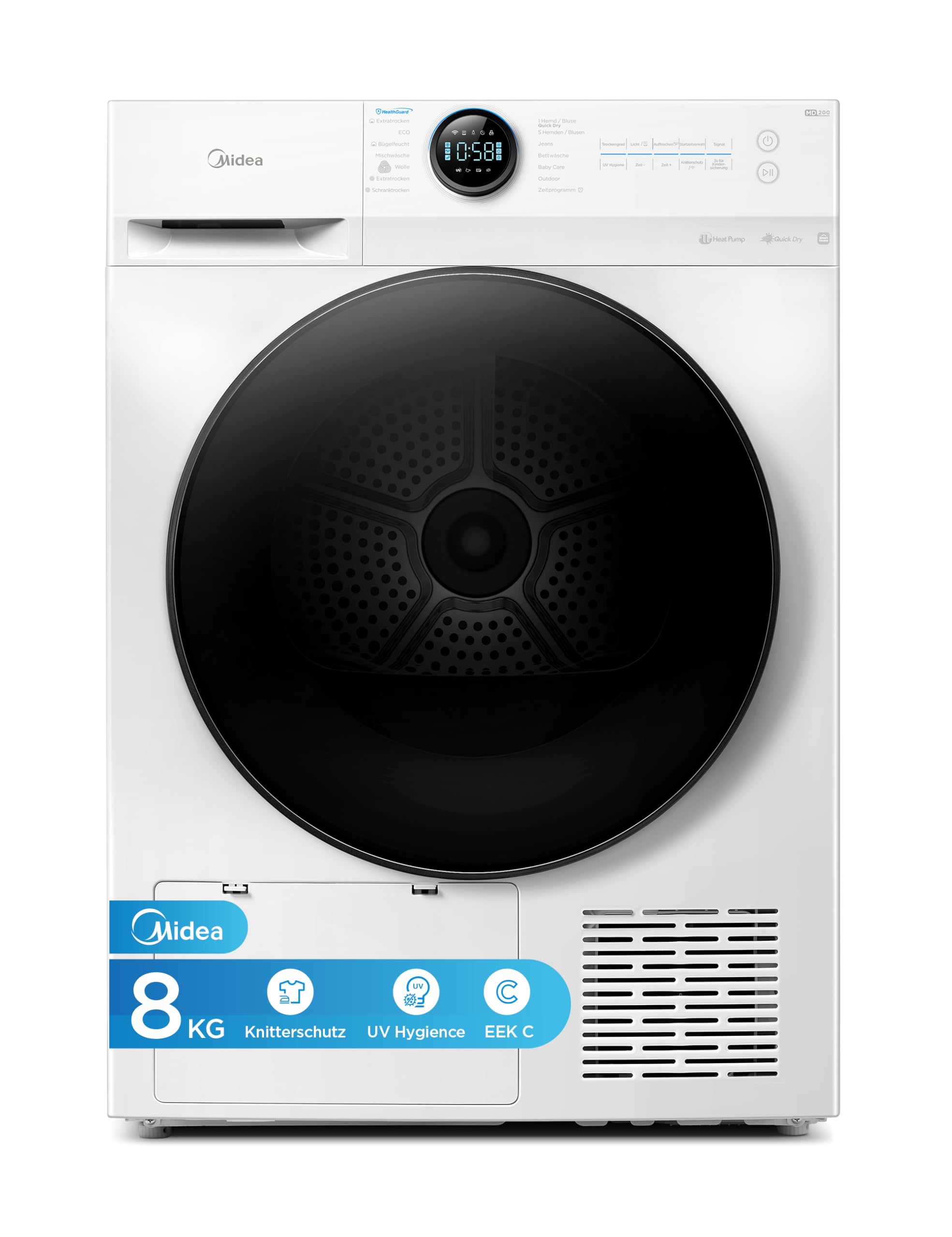 71oIxjgVwoL._SY2560_.jpg Midea MD20EH80WB-A3 Wärmepumpentrockner 8 kg – Energieeffizient mit UV-Hygiene & Knitterschutz – Bild 1