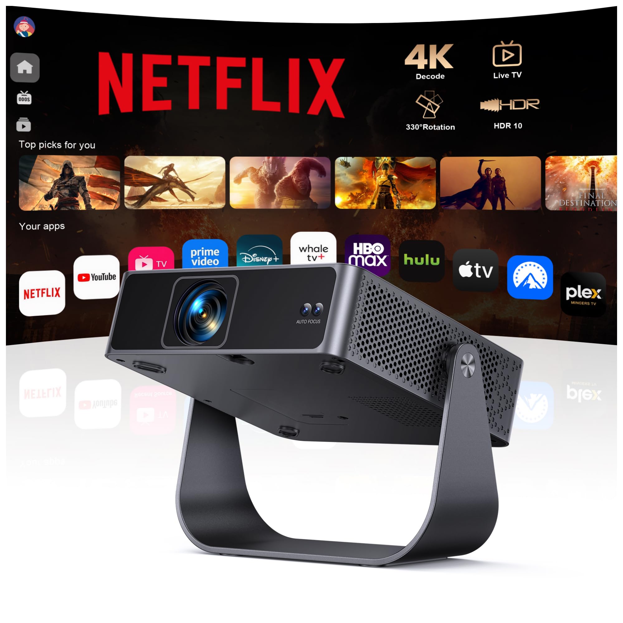 71oaGfsbbKL._SY2000_.jpg PUTRIMS S36 Smart Beamer 4K – Native 1080P mit Autofokus & 330° Ständer für Heimkino – Bild 1
