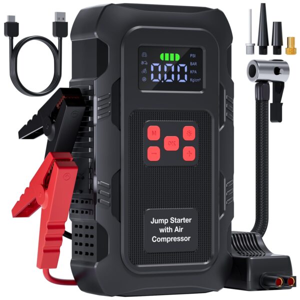 Povasee A1 Starthilfe Powerbank 6000A mit 150 PSI Kompressor – 4-in-1 Jump Starter für PKW