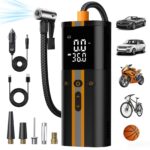 TowerTop Elektrische Fahrradpumpe 12V 150PSI – 5X schneller Aufbau mit Akku & LED