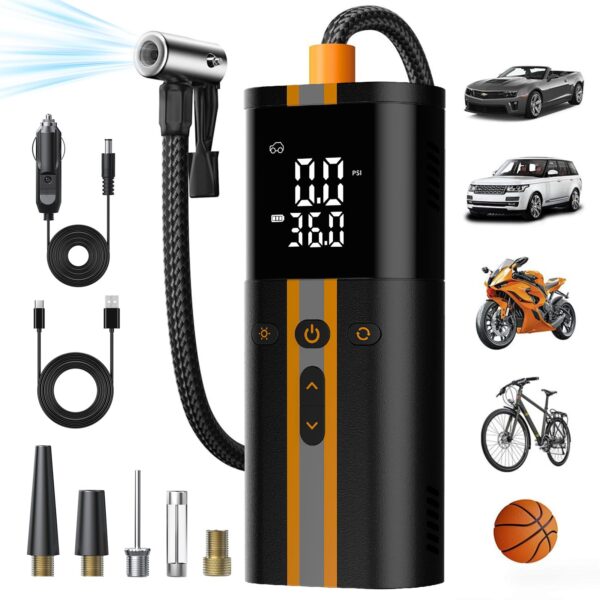 TowerTop Elektrische Fahrradpumpe 12V 150PSI – 5X schneller Aufbau mit Akku & LED