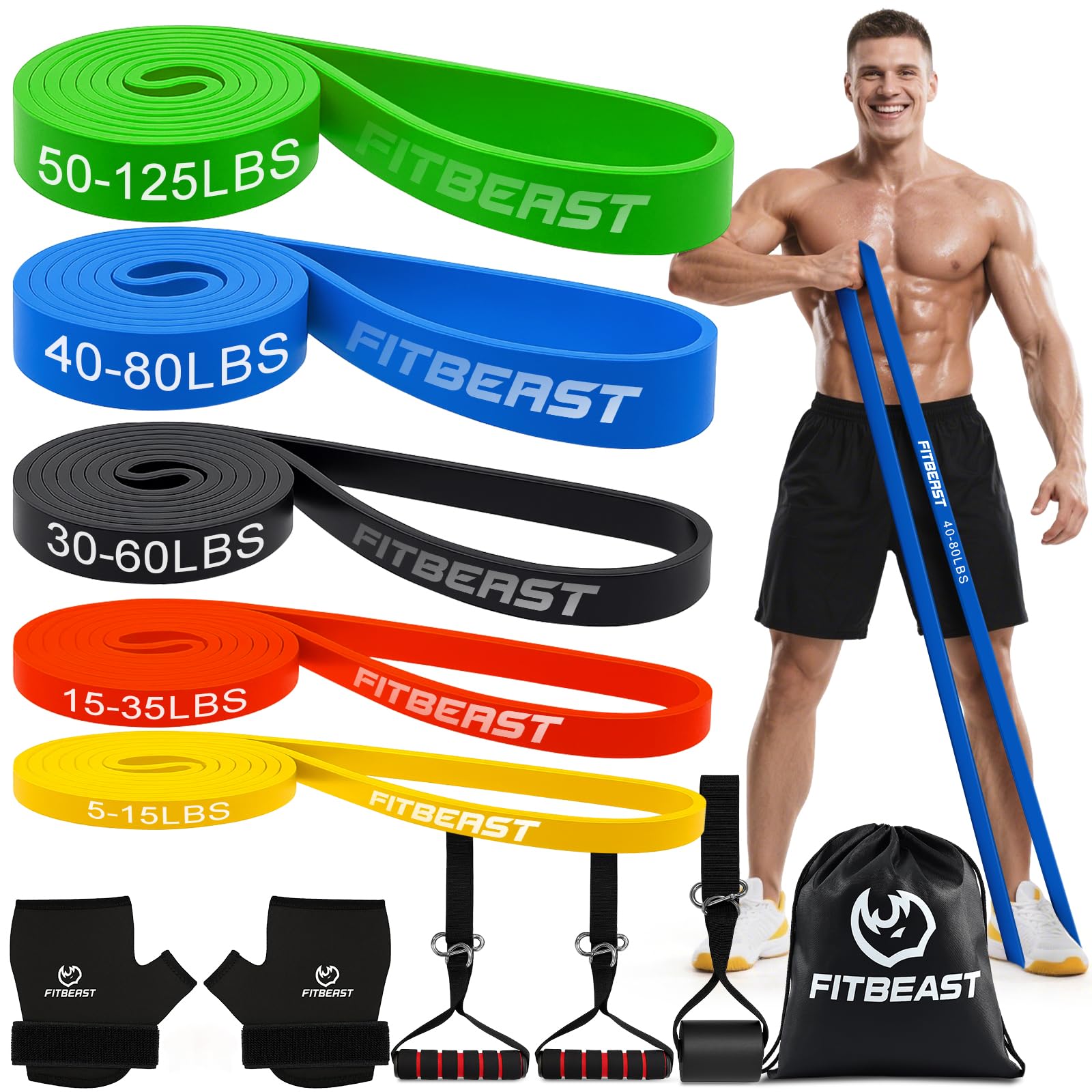 71q37l24SDL._SY1600_.jpg FitBeast Widerstandsband-Set mit 5 Stufen, Handschuhen & Türanker – Ganzkörpertraining – Bild 1