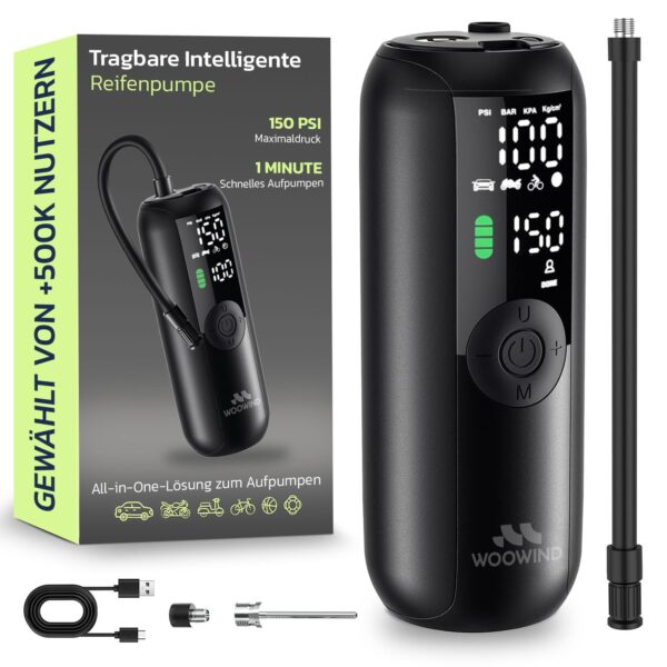 Woowind LP1 Akku Luftpumpe – 150 PSI Kompressor für Auto, Fahrrad & Motorrad
