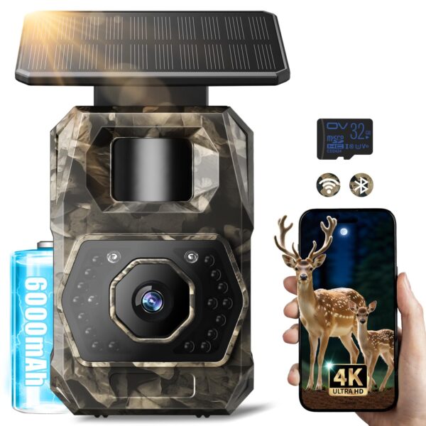 MAXDONE Wildkamera 4K 64MP mit Solarpanel & App-Steuerung – Nachtsicht bis 20m für Wildbeobachtung