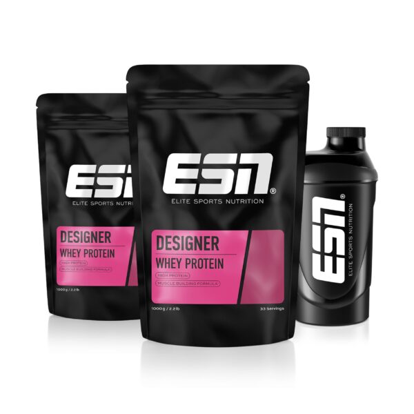 ESN Designer Whey Proteinpulver 2x1kg Chocolate – 23g Protein pro Portion + Gratis Shaker
