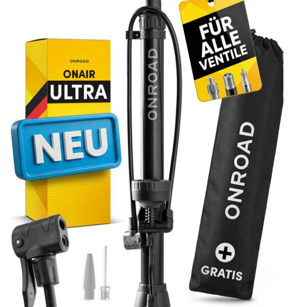 ONROAD ON-AIR Fahrradpumpe – Universalventil Standpumpe mit Manometer & Zubehör