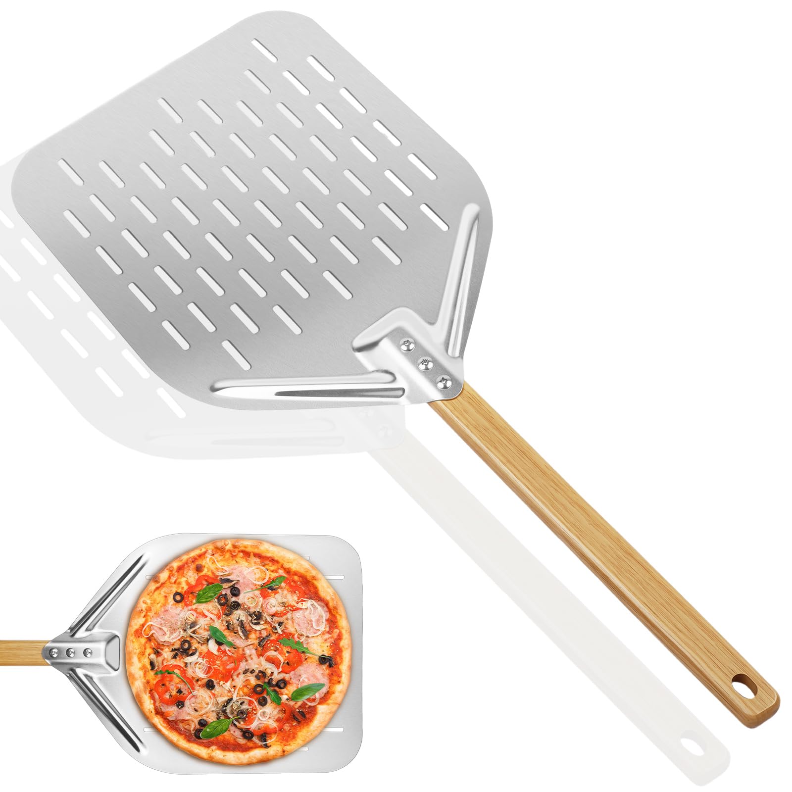 71tAFEobmcL._SY1600_.jpg Pizzaschieber perforiert 39,5 x 30 cm – Professionelle Aluminiumlegierung mit Holzgriff – Bild 1