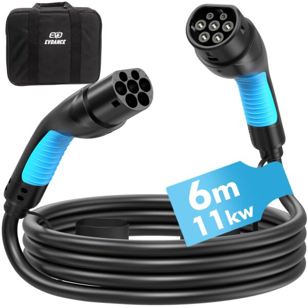 EVDANCE Typ 2 Ladekabel 6m 11kW – 16A 3-Phasig für Elektroautos mit Tasche