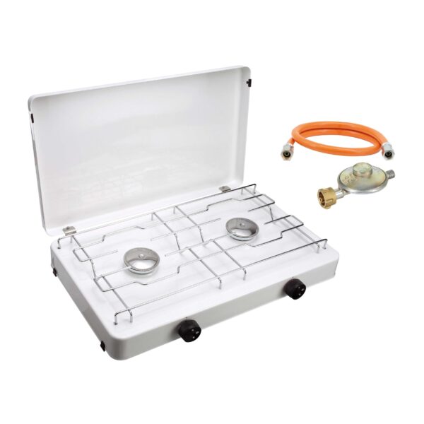 CFH Capri ZK 421 Zweiflammkocher – 3,8 kW Camping Gaskocher mit Druckregler & Schlauch