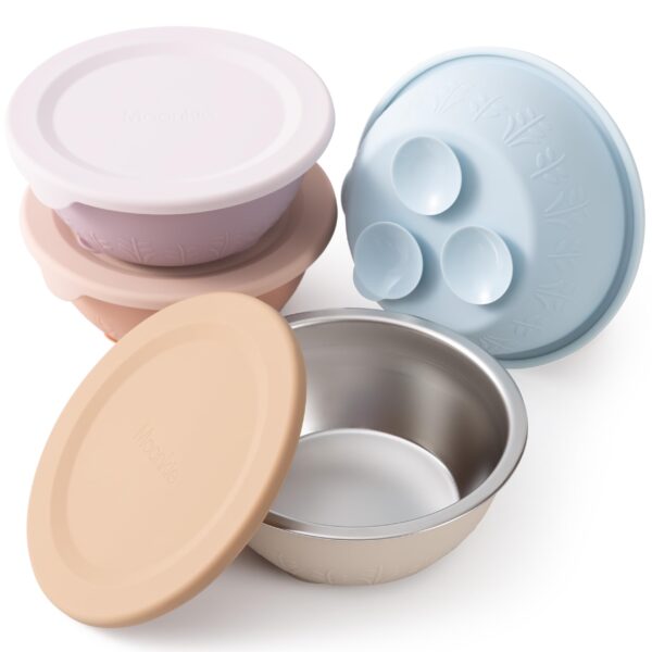 Moonkie Baby-Schalen Edelstahl 4er-Pack mit Silikondeckel & Saugbasis – BPA-frei ab 4 Monaten