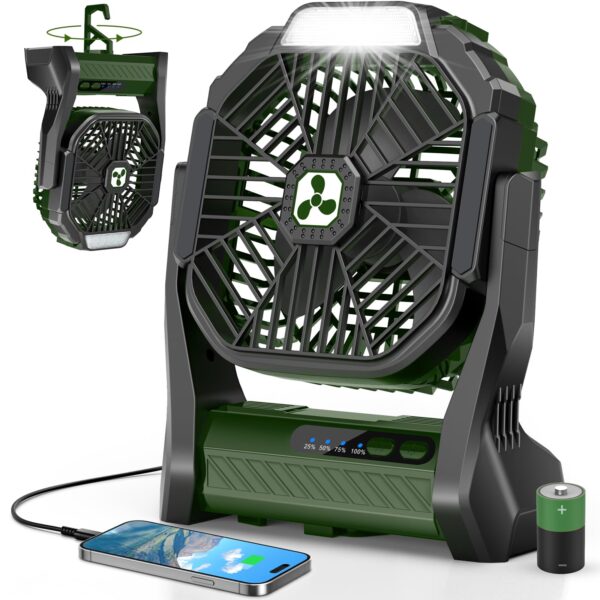PDBEST Akku-Ventilator 20000mAh mit LED-Laterne – Tragbarer Campingventilator USB-C