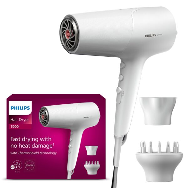 Philips Haartrockner 5000 Series BHD500/20 mit ThermoShield & Ionisierung – 2100 W Profi-Trockner mit Diffusor & Stylingdüse