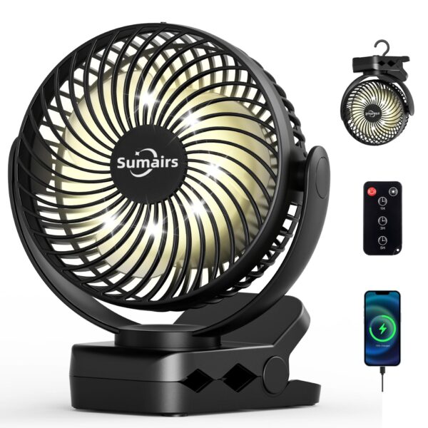 Sumairs 10000mAh Akku Camping Ventilator 14cm – Tragbar mit Fernbedienung & LED-Lampe