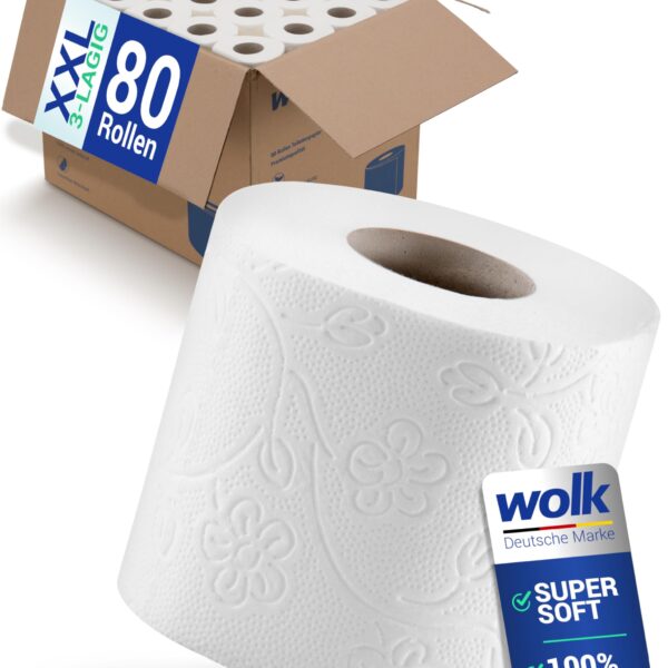 wolk Toilettenpapier 3-lagig 80 Rollen – XXL Vorratspack plastikfrei & ergiebig