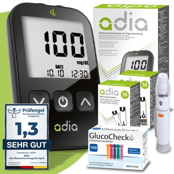 adia Blutzuckermessgerät Maxi-Sparset mg/dL mit 110 Teststreifen & Lanzetten