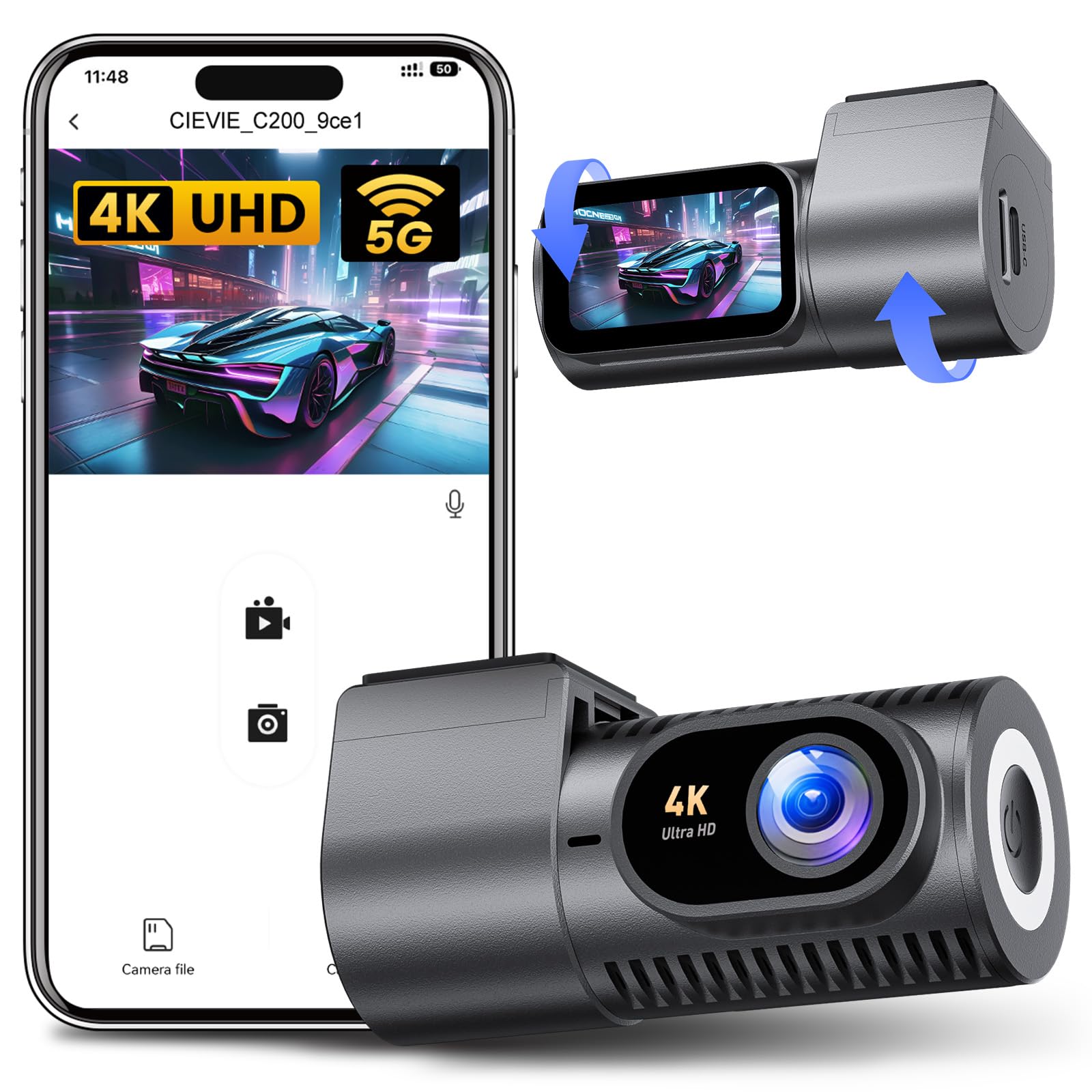 71zxRiliOXL._SY1600_.jpg CIEVIE 4K Dashcam mit 360° Drehfunktion, 1,5" IPS Display & 5G WLAN – Frontkamera – Bild 1