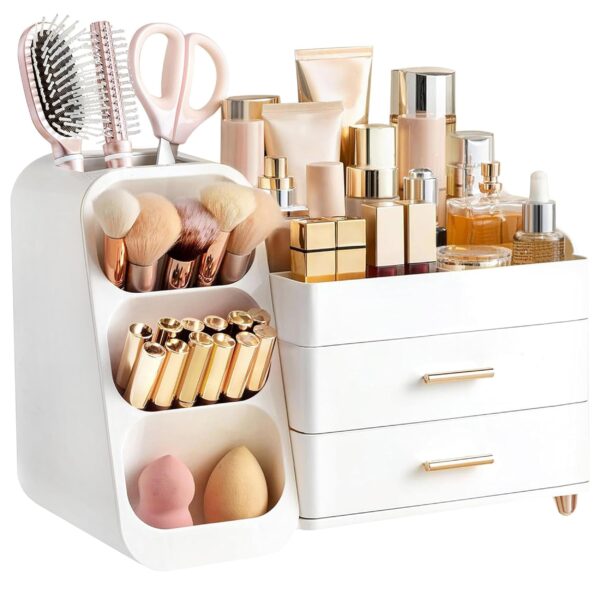 HBlife Kosmetik Organizer 36x19x26 cm – 3-in-1 Aufbewahrungsbox mit Schubladen & Pinselhalter Weiss