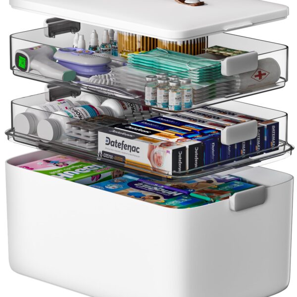 CTIME 3-stöckige Medizinbox mit Lederhenkel – Tragbarer Medizinorganizer für Zuhause & Reisen