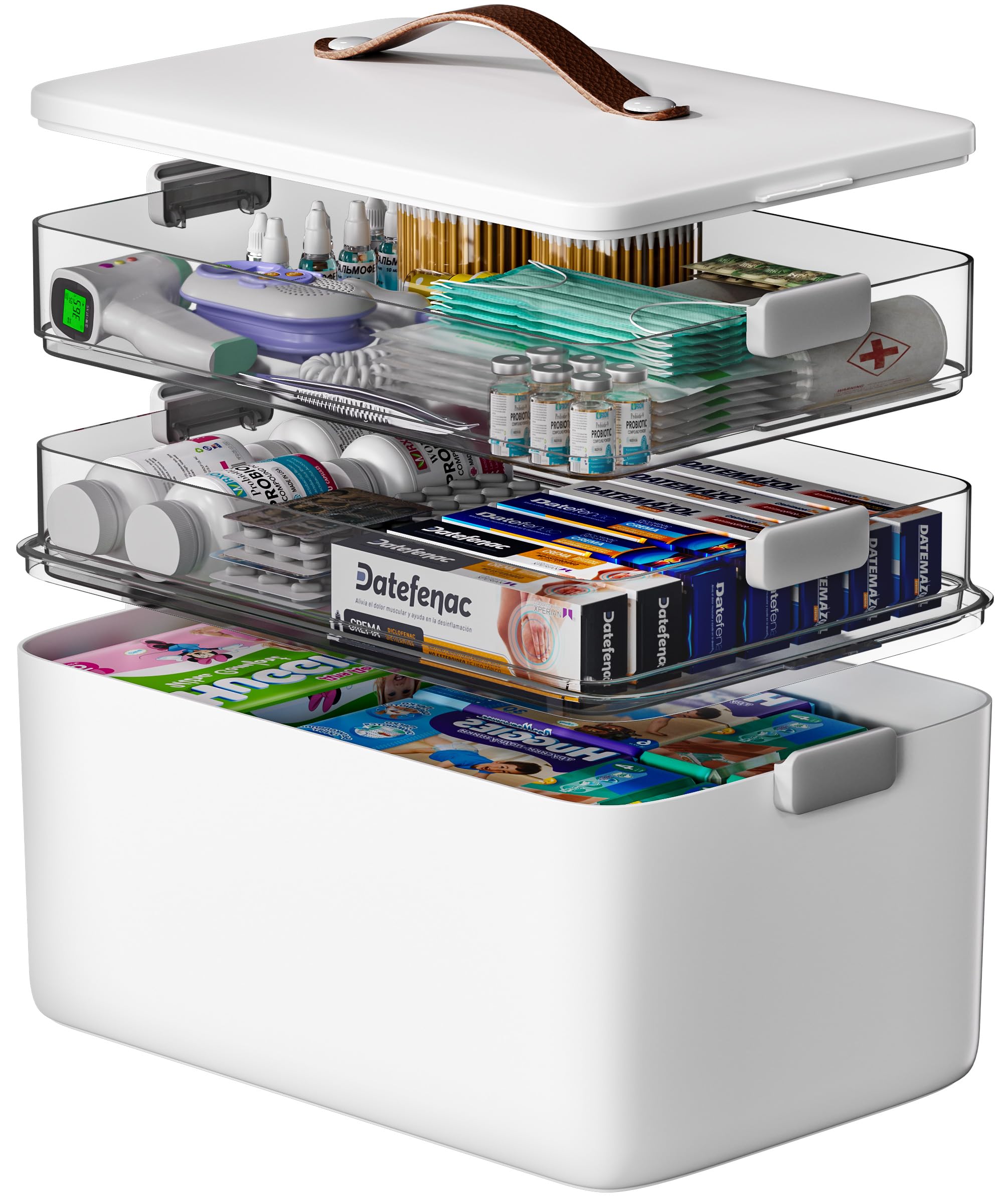 810LTkB7GL._SY2400_.jpg CTIME 3-stöckige Medizinbox mit Lederhenkel – Tragbarer Medizinorganizer für Zuhause & Reisen – Bild 1