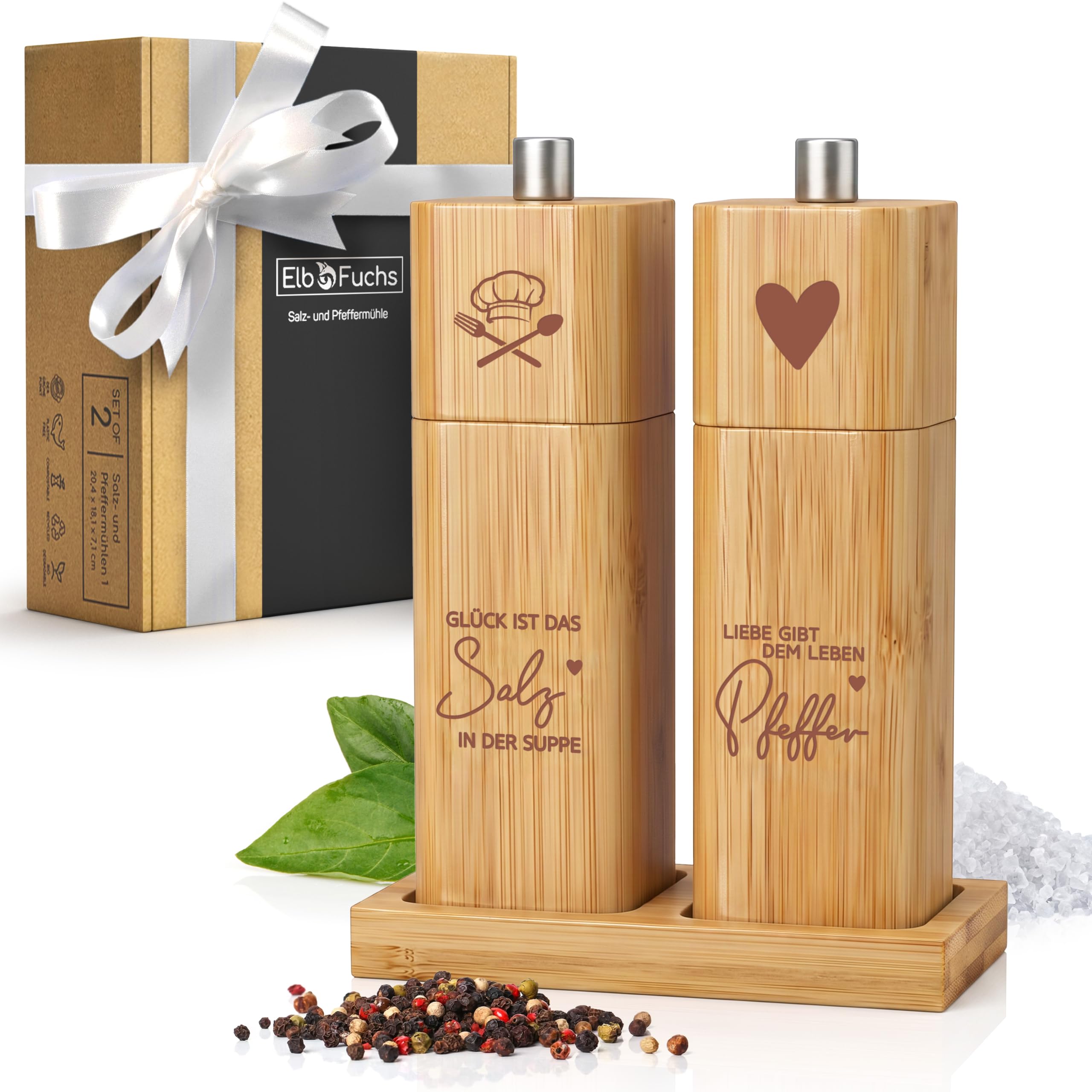 811r7Fb87fL._SY2560_.jpg ElbFuchs® Salz- und Pfeffermühle Holz Set – Keramikmahlwerk für Hochzeit & Einzug – Bild 1