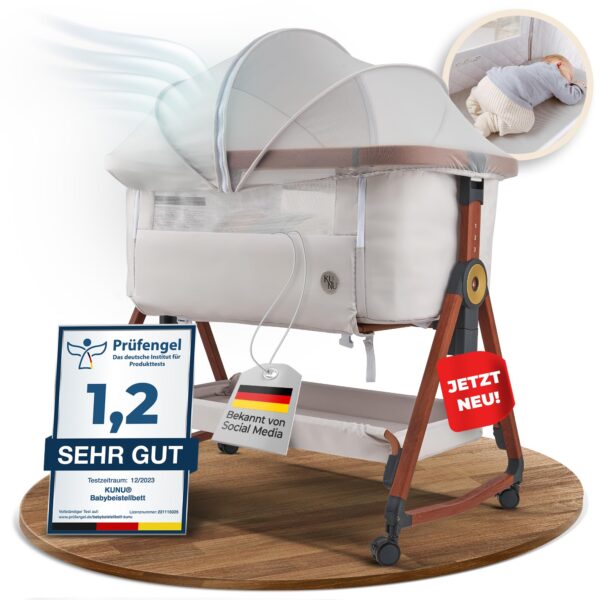 KUNU® Beistellbett 3-in-1 mit Wiegefunktion – Höhenverstellbares Reisebett mit Rollen