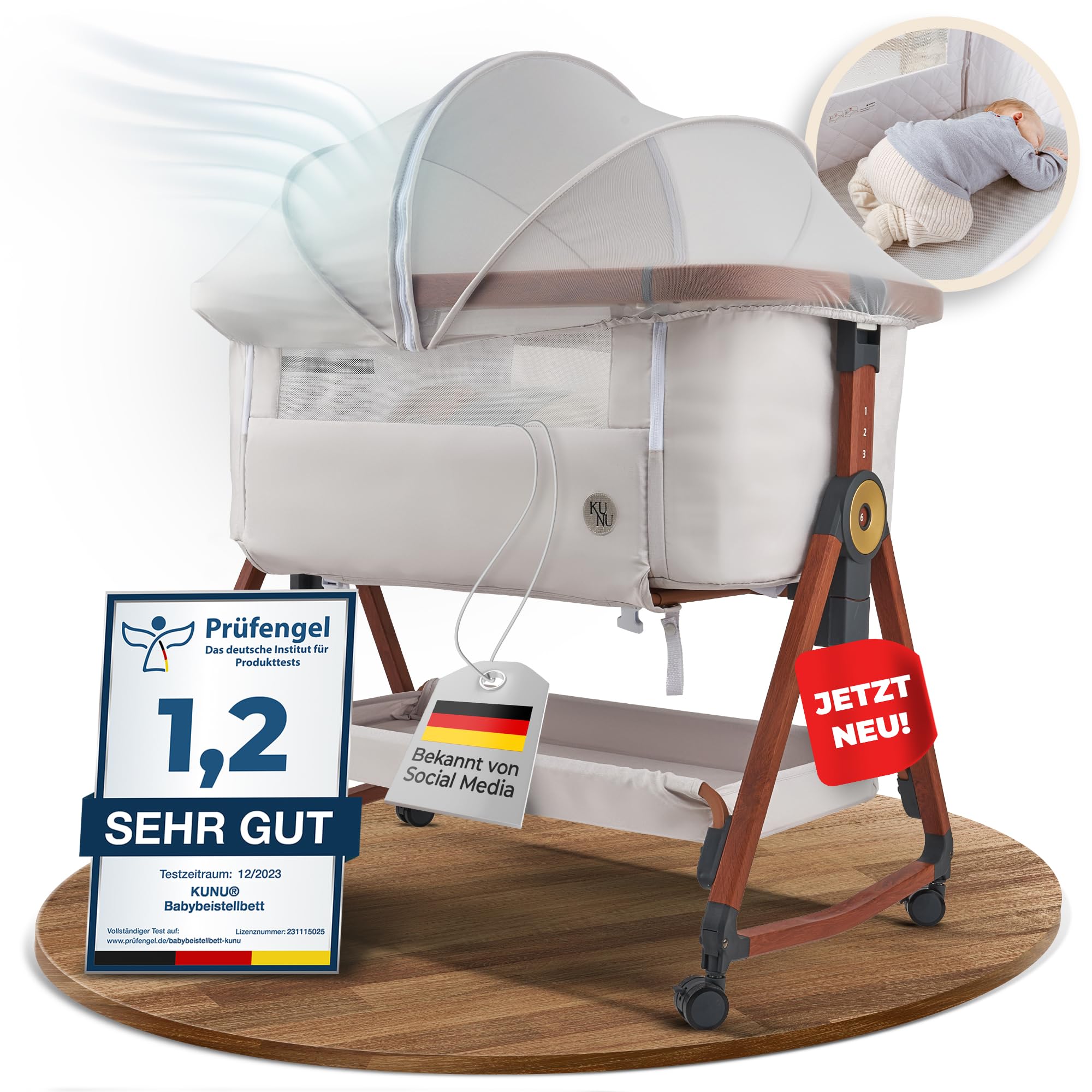 812Dxw32OBL._SY2000_.jpg KUNU® Beistellbett 3-in-1 mit Wiegefunktion – Höhenverstellbares Reisebett mit Rollen – Bild 1
