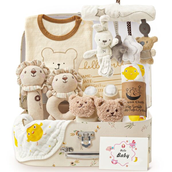 vamei Neugeborenen Geschenkset für Jungen & Mädchen – 10-teilig mit Strampler & Badetuch