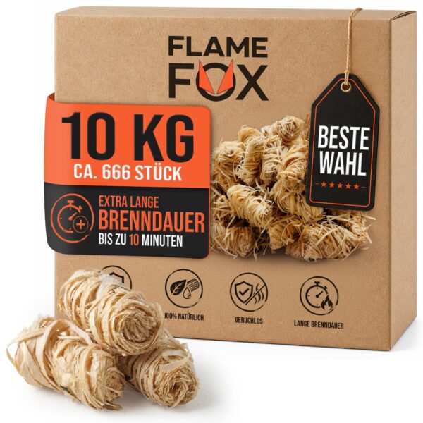 Flame Fox Anzündwolle 10kg – Öko-Holzwolle mit Wachs für Kamin & Grill