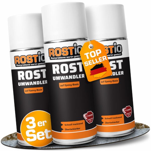 Rostio Rostumwandler Spray 3er-Set 400 ml – Rostkonverter mit Epoxidharz für Metallschutz