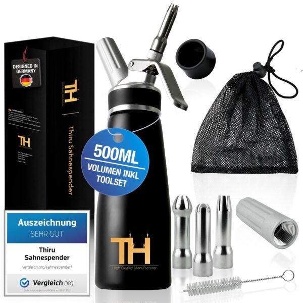 Thiru Sahnesyphon 500 ml mit 3 Edelstahltüllen – Profi-Sahnespender für Desserts & Espuma