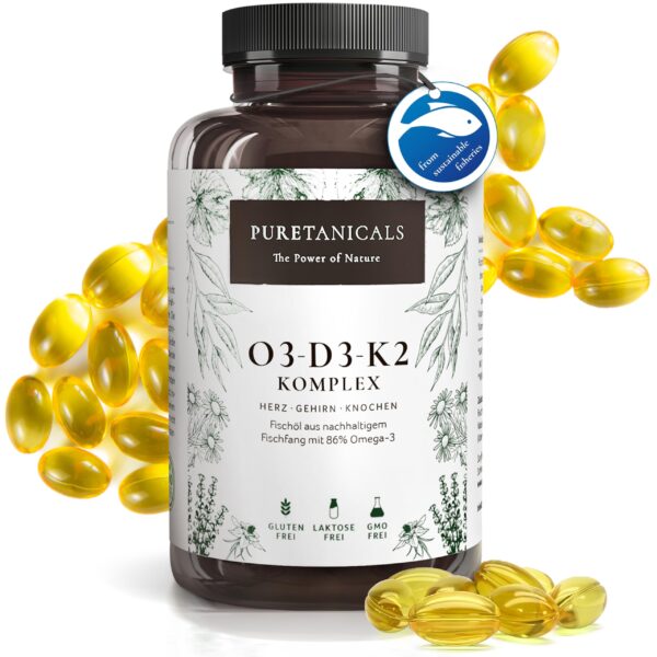 Puretanicals Omega 3 + Vitamin D3 + K2 MK7 – 240 Kapseln hochdosiert für Herz & Immunsystem