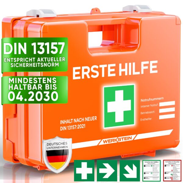 WERKSTEIN® Erste Hilfe Kasten DIN 13157:2021 – Verbandskasten mit Wandhalterung für Betrieb & Zuhause