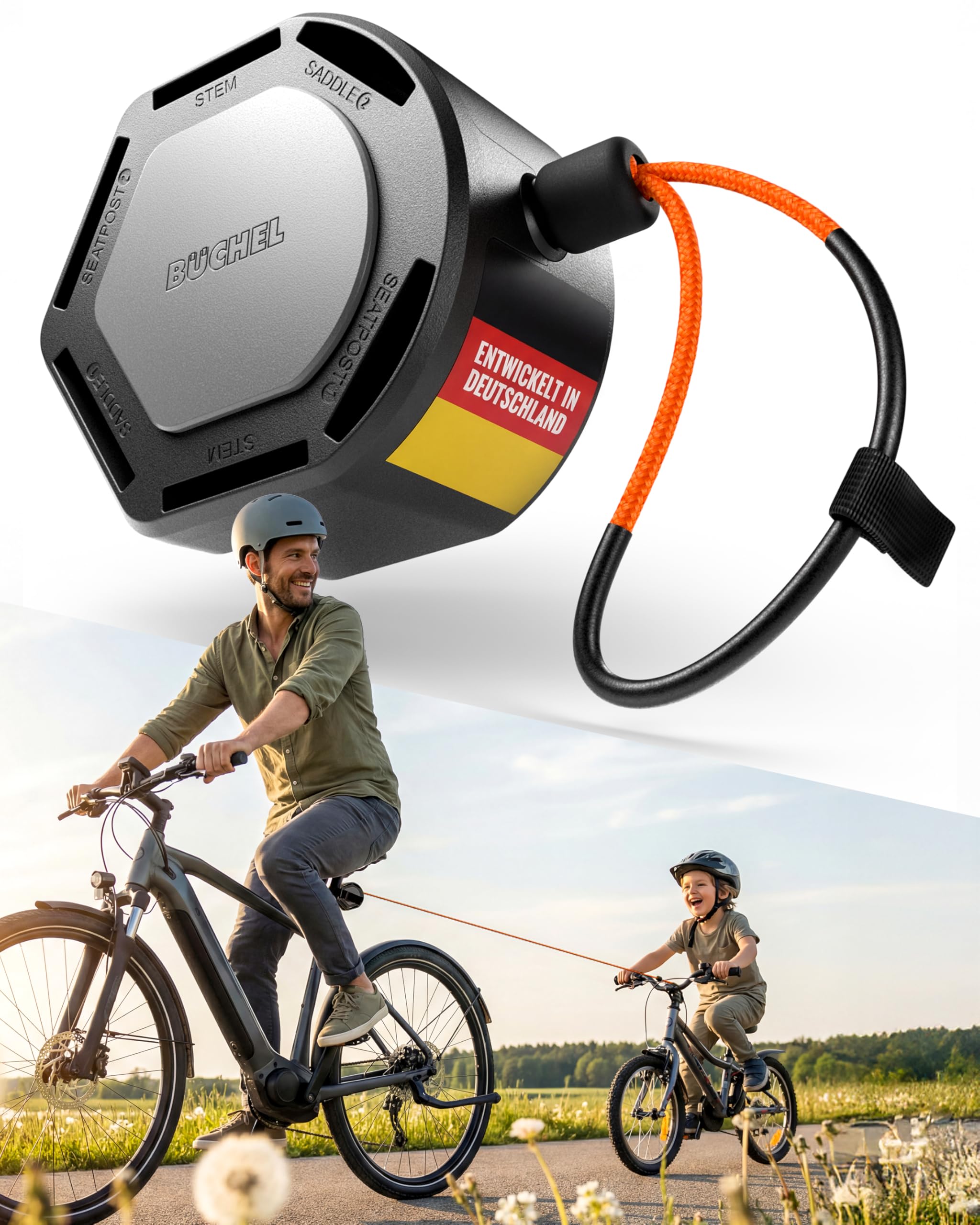 817dcIuXuVL._SY2560_.jpg Büchel Fahrrad Abschleppseil 2,20 m bis 120 kg – Sicheres Zugseil für Kinderräder – Bild 1