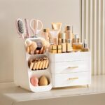 HBlife Kosmetik Organizer 36x19x26 cm – 3-in-1 Aufbewahrungsbox mit Schubladen & Pinselhalter Weiss – Bild 2