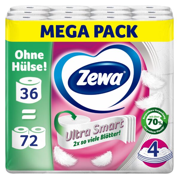 Zewa Ultra Smart Toilettenpapier 36 Rollen, 4-lagig hülsenlos – Premium Komfort für Familien