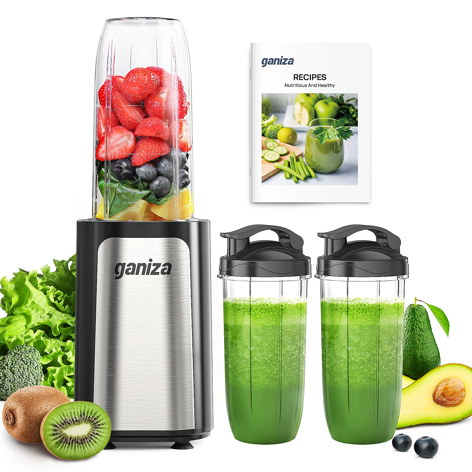 81B9g0ga2HL._SY1600_.jpg Ganiza GB1 Standmixer 900W – Smoothie Maker mit 3 Tragbechern & Edelstahlklingen – Bild 1
