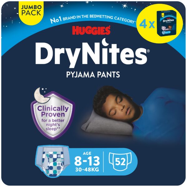 HUGGIES DryNites Nachtwindeln Jungen 8-13 Jahre, 52 Stück – Nächtlicher Schutz