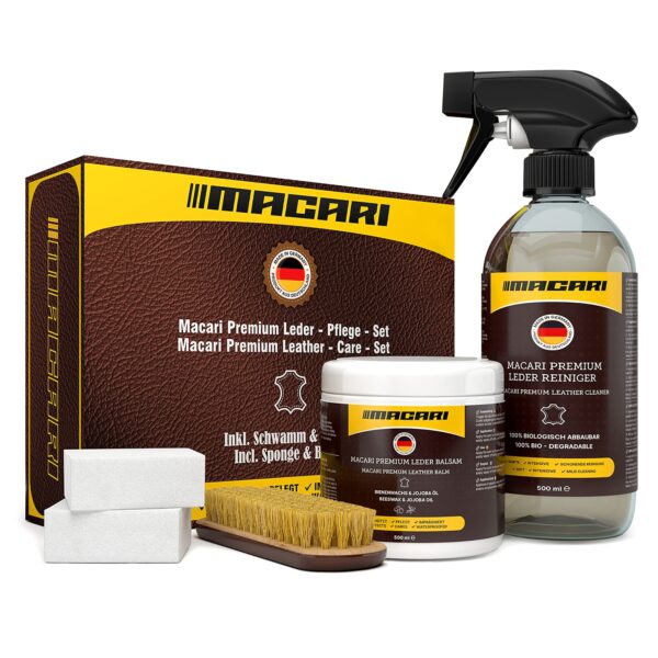 Macari Lederpflege Set 500ml Reiniger + 500ml Balsam mit Bienenwachs & Jojobaöl